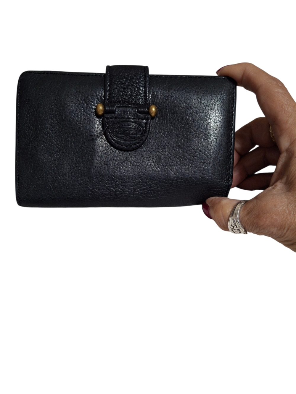 Fossil Black Tri-fold Leather Wallet with Snap Closure - Black